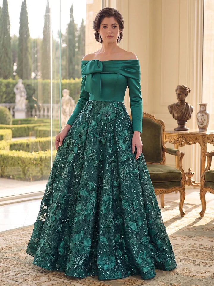 A-Line/Princess Off-the-Shoulder Satin Mother of the Bride Dresses Sequins Floral Floor-Length Long Sleeves