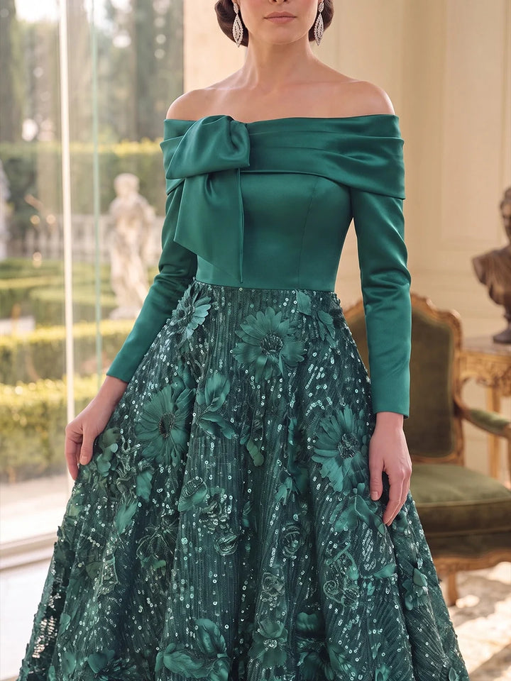 A-Line/Princess Off-the-Shoulder Satin Mother of the Bride Dresses Sequins Floral Floor-Length Long Sleeves