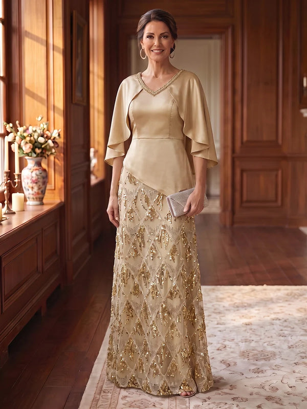 A-Line/Princess V-Neck Satin Mother of the Bride Dresses Floor-Length Sequins Cap Sleeves