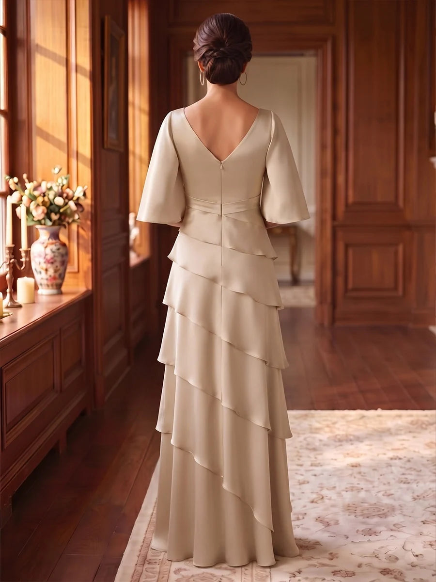 A-Line/Princess V-Neck Satin Mother of the Bride Dresses Floor-Length Ruffles Half Sleeves Ruched
