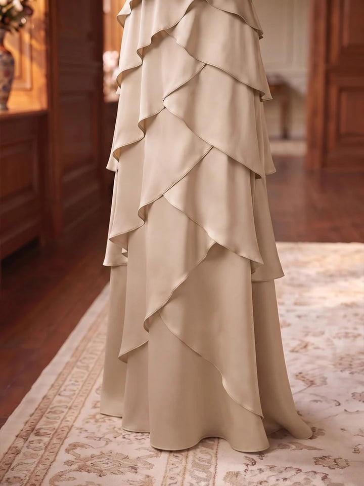 A-Line/Princess V-Neck Satin Mother of the Bride Dresses Floor-Length Ruffles Half Sleeves Ruched
