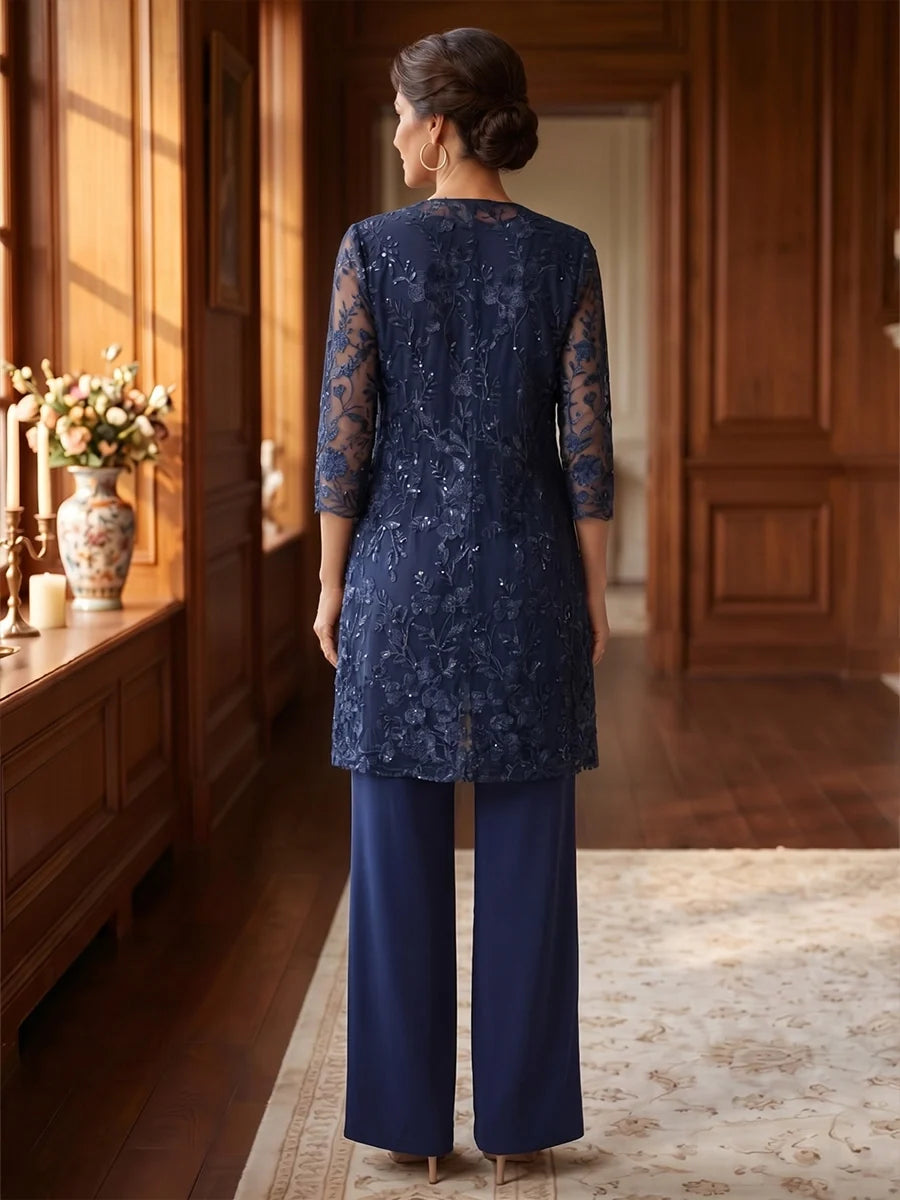 3 Pieces V-Neck Chiffon Mother of the Bride Pantsuits with Jacket 3D Flowers 3/4 Sleeves Floor-Length Floral