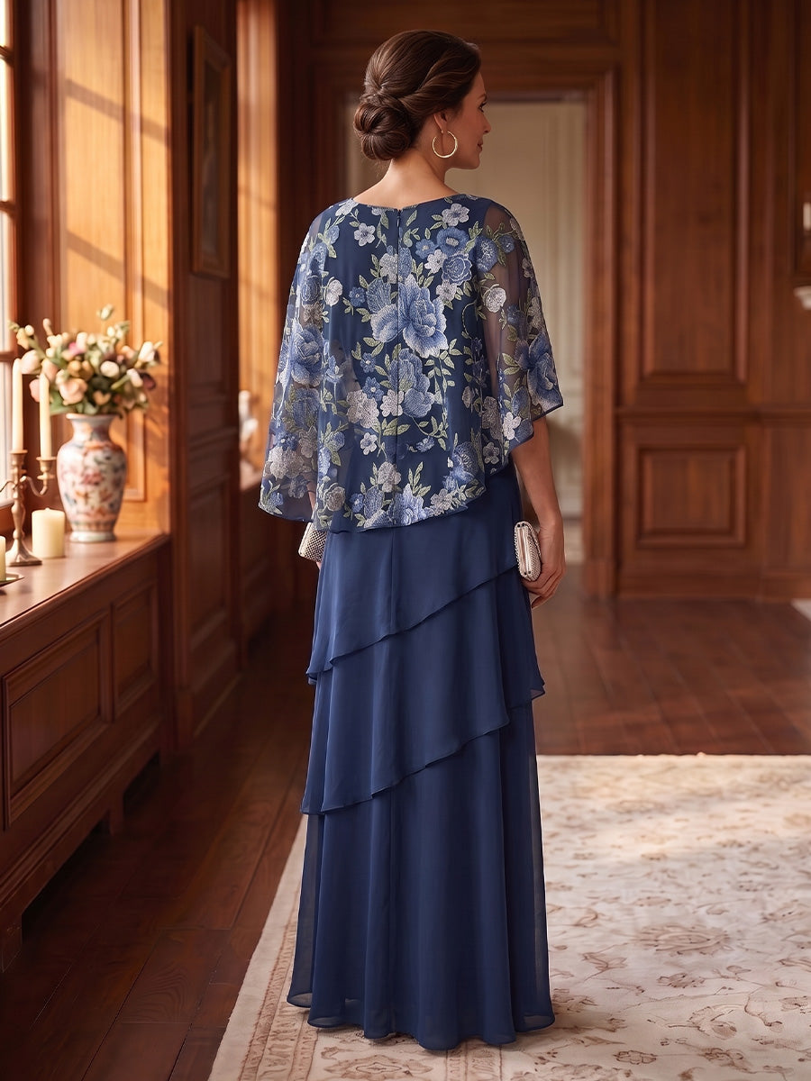 A-Line/Princess Scoop Chiffon Mother of the Bride Dresses Floor-Length Lace Floral Cap Sleeves Ruffles