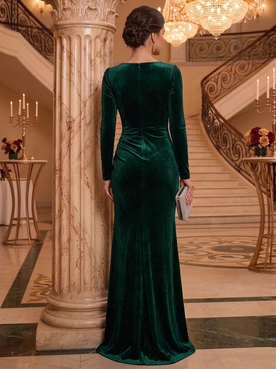 Trumpet/Mermaid Square Collar Velvet Mother of the Bride Dresses Ruched Floor-Length Long Sleeves