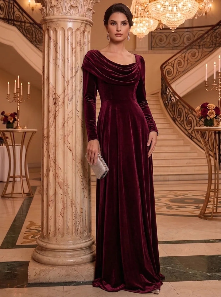 A-Line/Princess Cowl Neck Velvet Mother of the Bride Dresses Pleated Floor-Length Long Sleeves