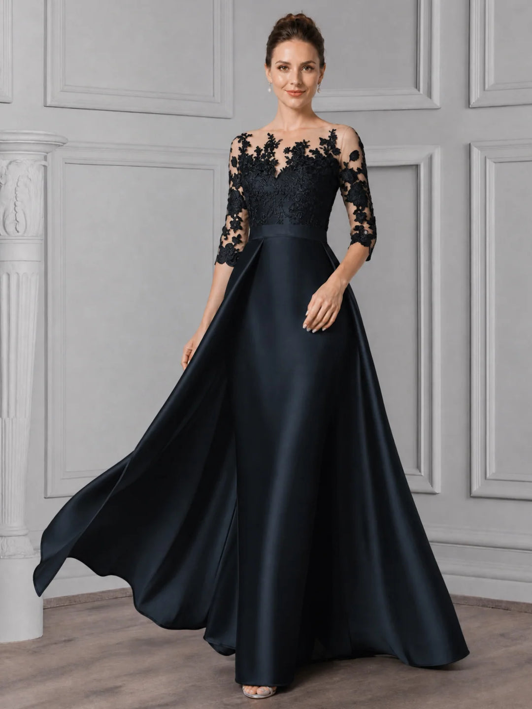 Sheath/Column Scoop Satin Mother of the Bride Dresses with Overskirt Lace Floral Floor-Length 3/4 Sleeves