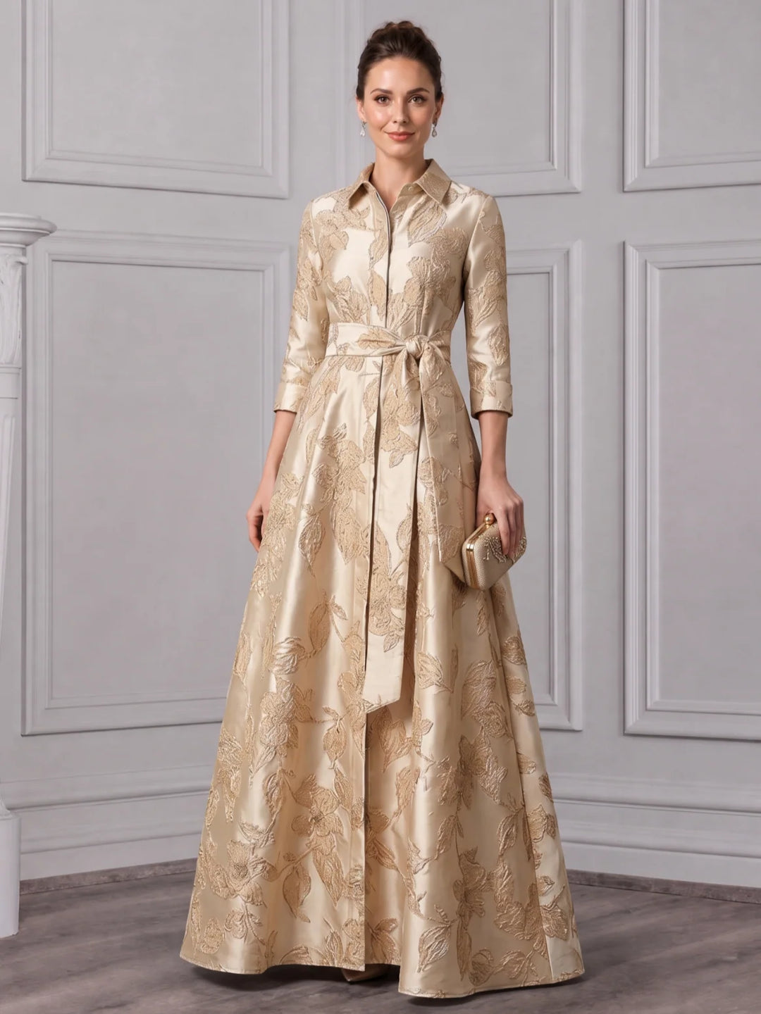 A-Line/Princess Shirt Collar Jacquard Mother of the Bride Dresses Floor-Length Belt 3/4 Sleeves Floral