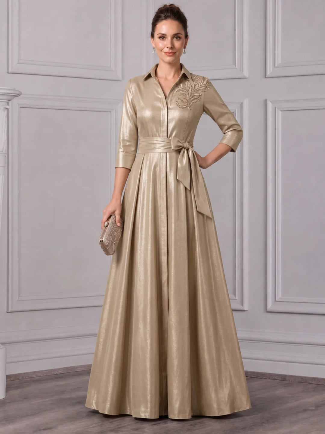 A-Line/Princess Shirt Collar Taffeta Mother of the Bride Dresses Floor-Length Bowknot 3/4 Sleeves