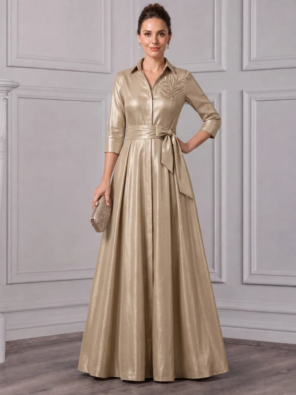 A-Line/Princess Shirt Collar Taffeta Mother of the Bride Dresses Floor-Length Bowknot 3/4 Sleeves