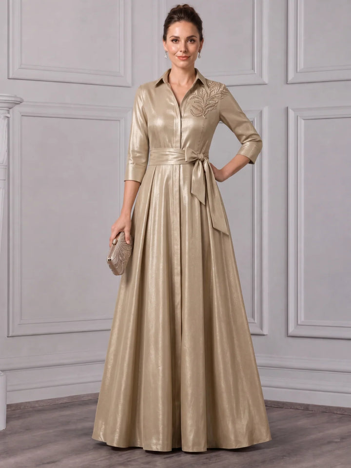 A-Line/Princess Shirt Collar Taffeta Mother of the Bride Dresses Floor-Length Bowknot 3/4 Sleeves