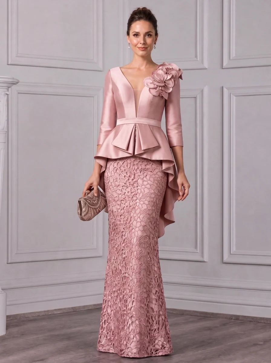 Sheath/Column V-Neck Satin Mother of the Bride Dresses with 3D Flowers Lace Floor-Length 3/4 Sleeves