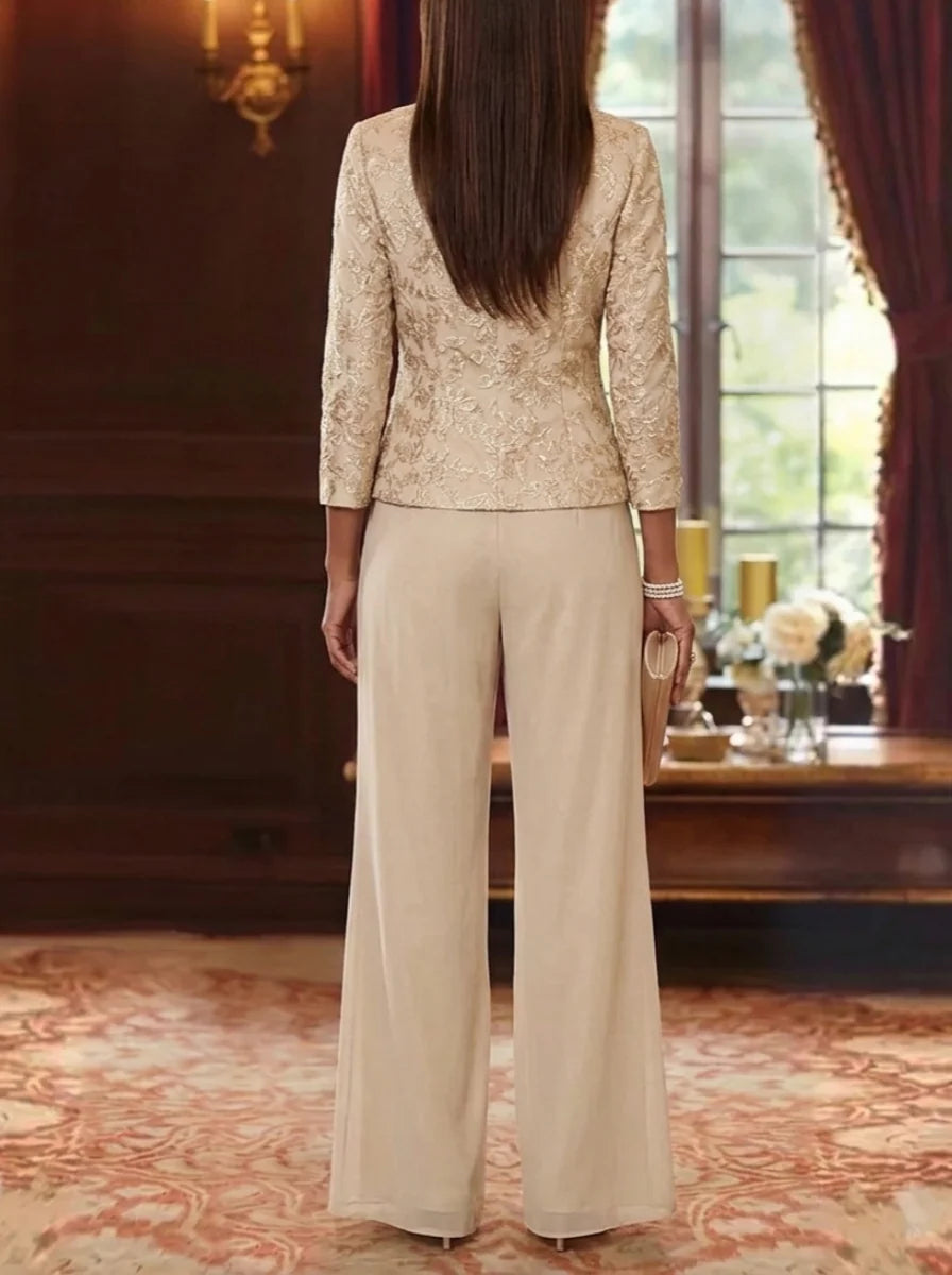 3 Pieces Scoop Chiffon Mother of the Bride Pantsuits with Jacket 3/4 Sleeves Lace Floral Floor-Length