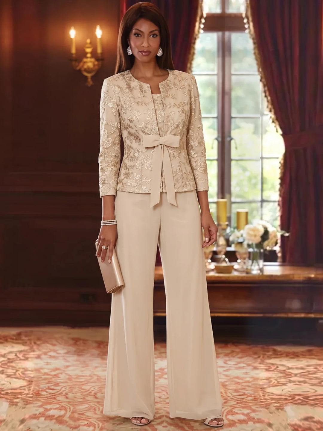3 Pieces Scoop Chiffon Mother of the Bride Pantsuits with Jacket 3/4 Sleeves Lace Floral Floor-Length