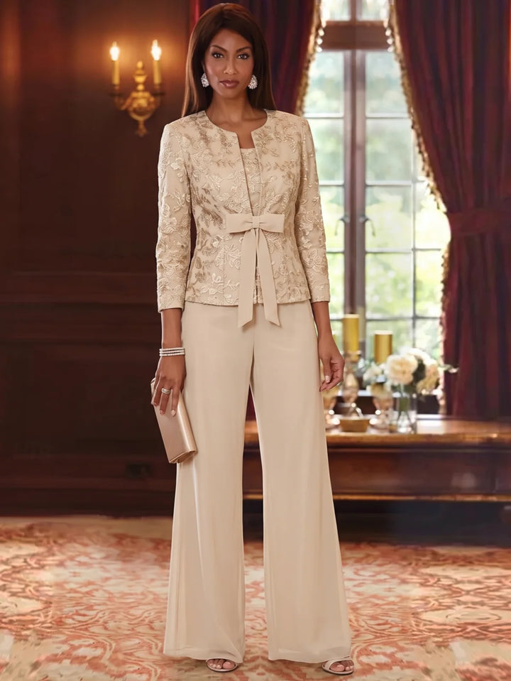 3 Pieces Scoop Chiffon Mother of the Bride Pantsuits with Jacket 3/4 Sleeves Lace Floral Floor-Length