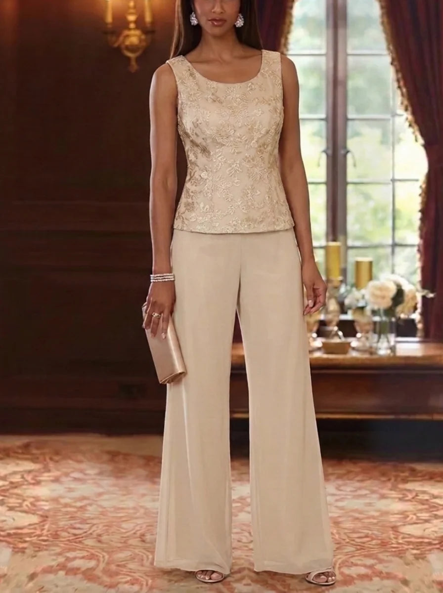 3 Pieces Scoop Chiffon Mother of the Bride Pantsuits with Jacket 3/4 Sleeves Lace Floral Floor-Length