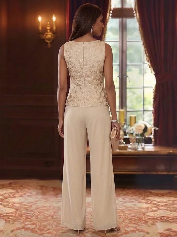 3 Pieces Scoop Chiffon Mother of the Bride Pantsuits with Jacket 3/4 Sleeves Lace Floral Floor-Length