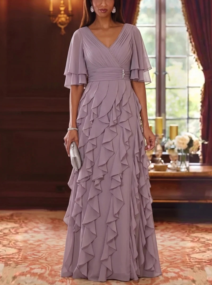 A-Line/Princess V-Neck Chiffon Mother of the Bride Dresses Half Sleeves Ruffles Floor-Length Ruched