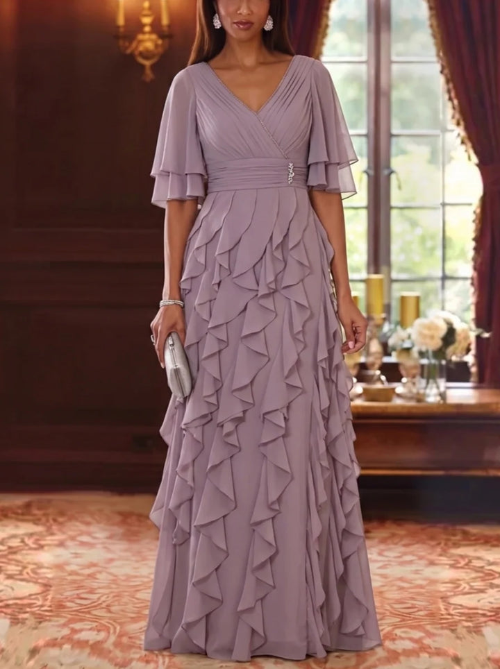 A-Line/Princess V-Neck Chiffon Mother of the Bride Dresses Half Sleeves Ruffles Floor-Length Ruched