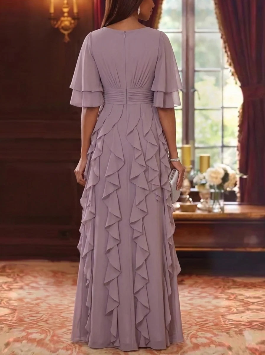 A-Line/Princess V-Neck Chiffon Mother of the Bride Dresses Half Sleeves Ruffles Floor-Length Ruched