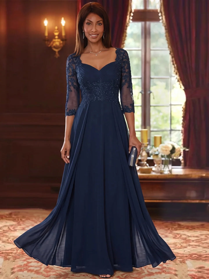 A-Line/Princess V-Neck Chiffon Mother of the Bride Dresses with Overskirt 3/4 Sleeves Lace Floral Floor-Length