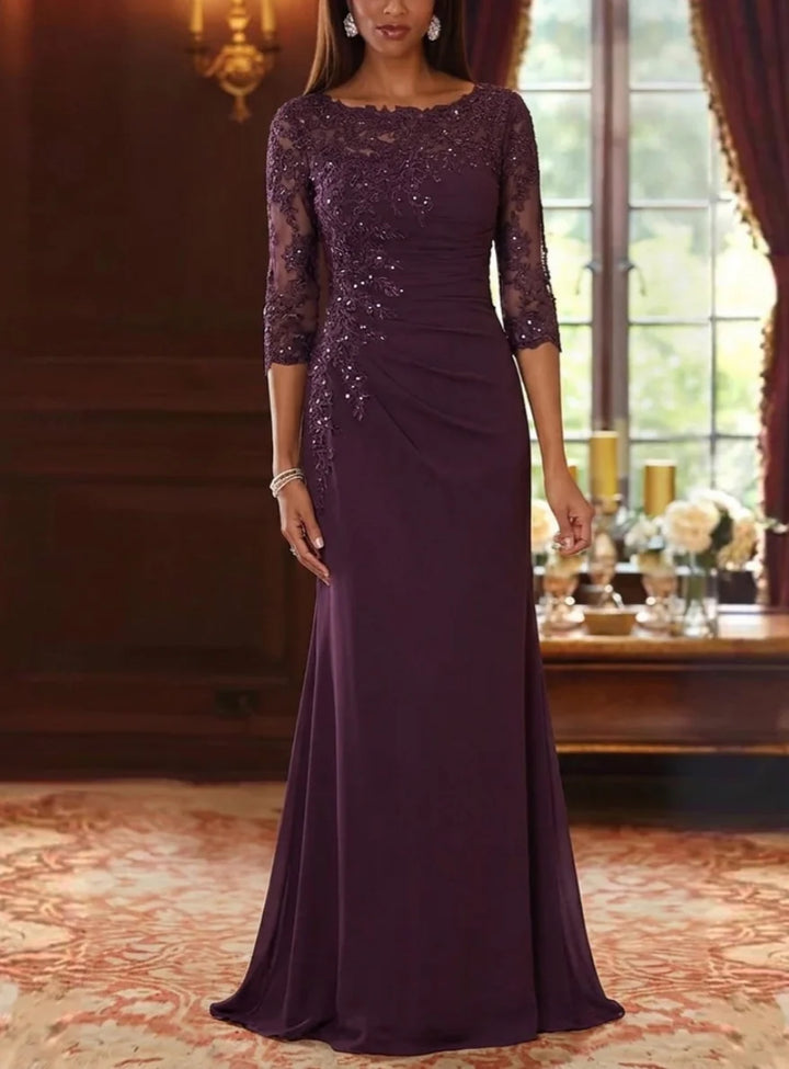 Trumpet/Mermaid Scoop Chiffon Mother of the Bride Dresses 3/4 Sleeves Floor-Length Lace Sequins Floral
