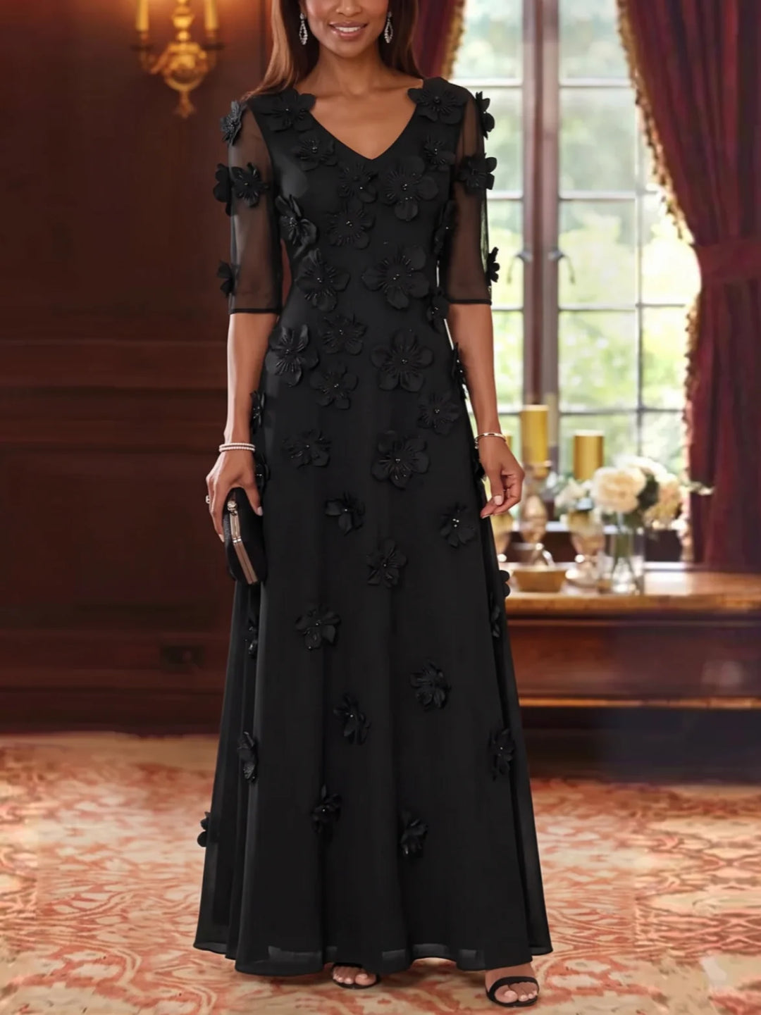 A-Line/Princess V-Neck Chiffon Mother of the Bride Dresses with 3D Flowers Half Sleeves Floor-Length