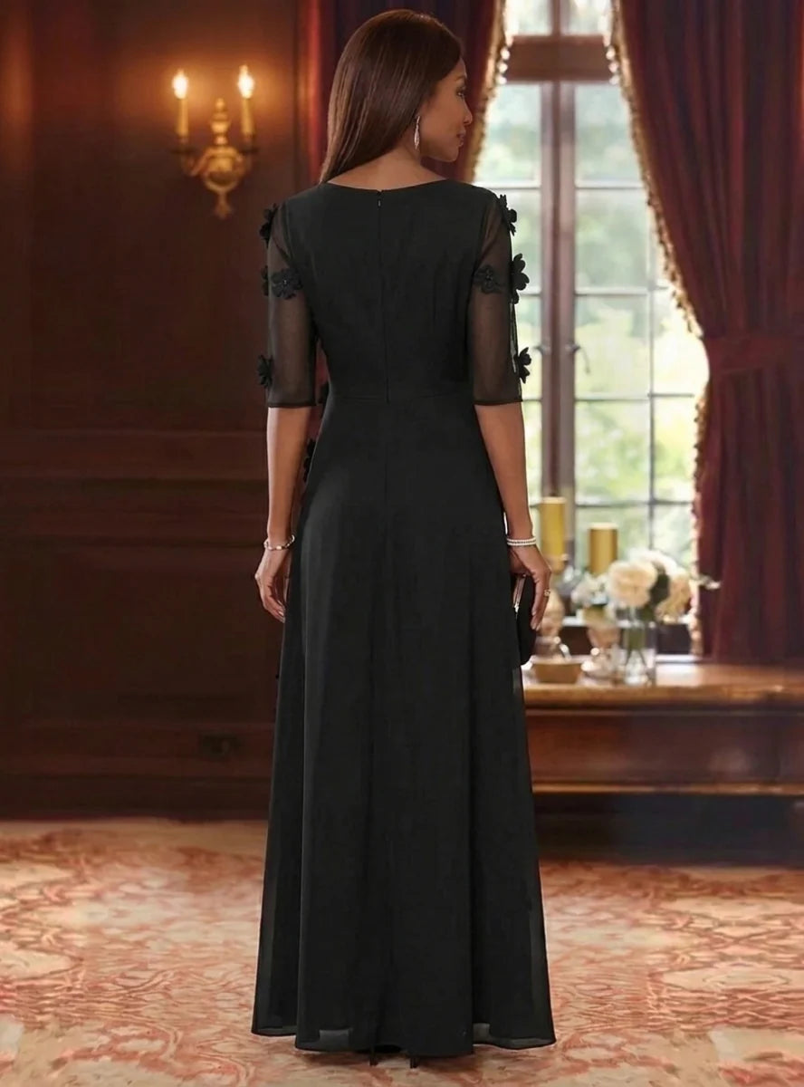 A-Line/Princess V-Neck Chiffon Mother of the Bride Dresses with 3D Flowers Half Sleeves Floor-Length