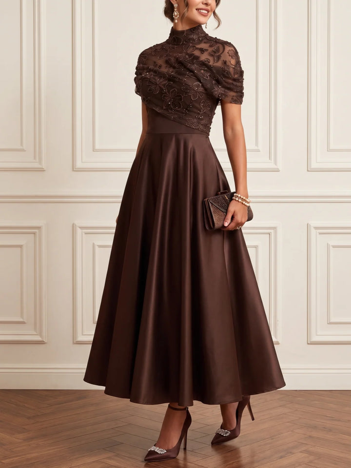 A-Line/Princess Mock Neck Satin Mother of the Bride Dresses Lace Floral Ankle-Length Short Sleeves