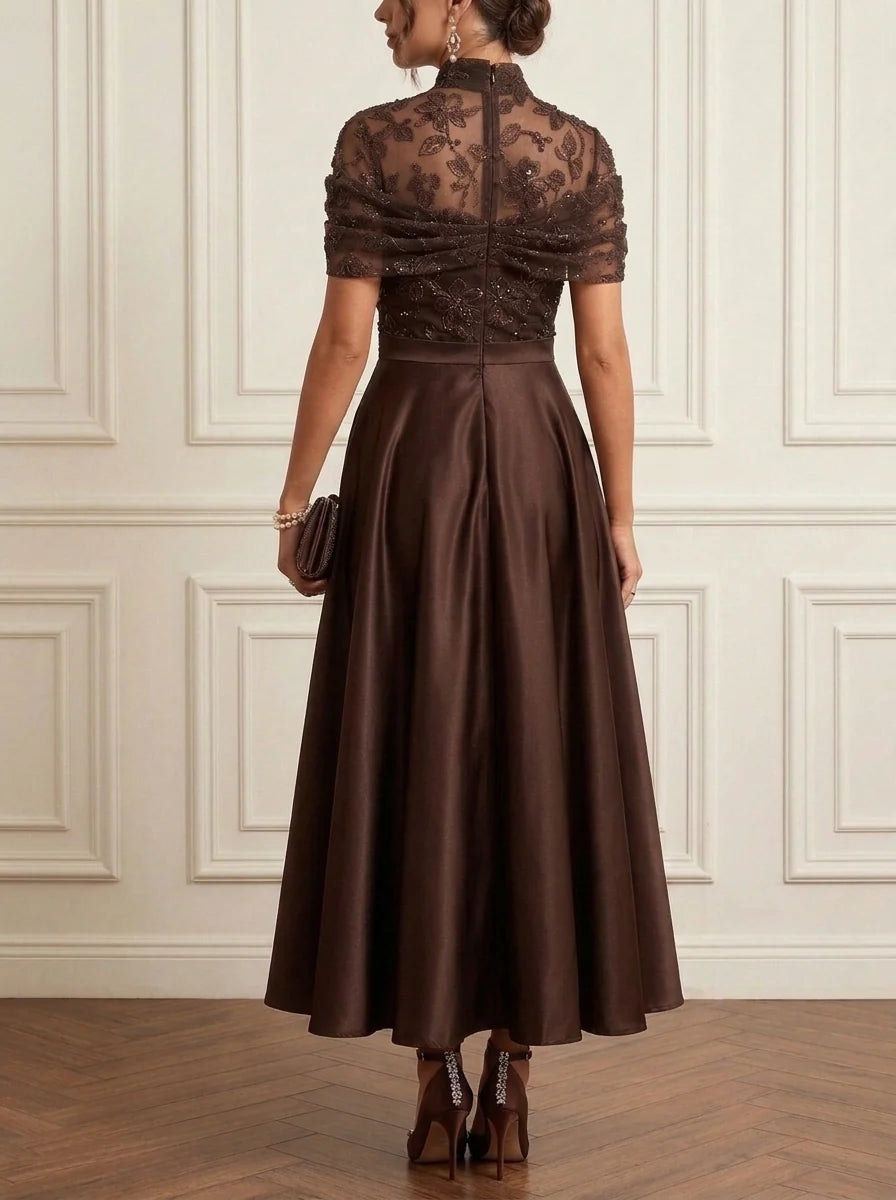 A-Line/Princess Mock Neck Satin Mother of the Bride Dresses Lace Floral Ankle-Length Short Sleeves
