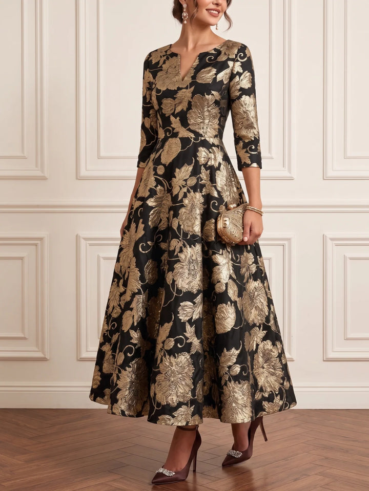 A-Line/Princess V-Neck Jacquard Mother of the Bride Dresses Ankle-Length 3/4 Sleeves Floral