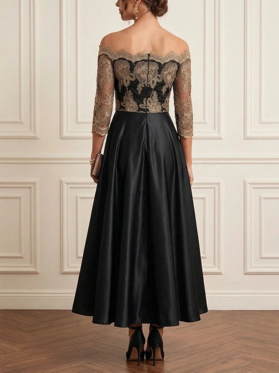 A-Line/Princess Off-the-Shoulder Satin Mother of the Bride Dresses Lace Floral Ankle-Length 3/4 Sleeves