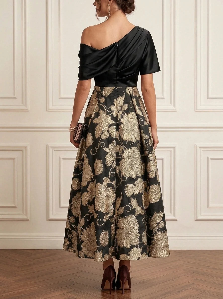 A-Line/Princess One-Shoulder Jacquard Mother of the Bride Dresses Ankle-Length Short Sleeves Floral