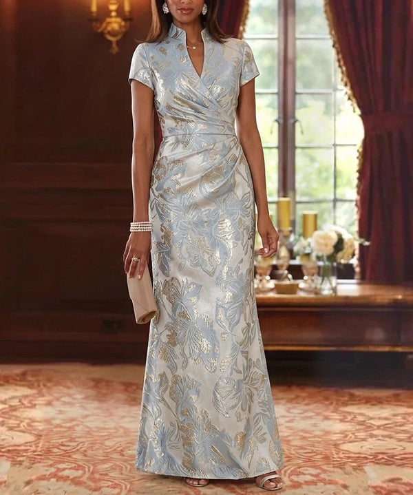 A-Line/Princess V-Neck Jacquard Mother of the Bride Dresses Floor-Length Short Sleeves with Ruched