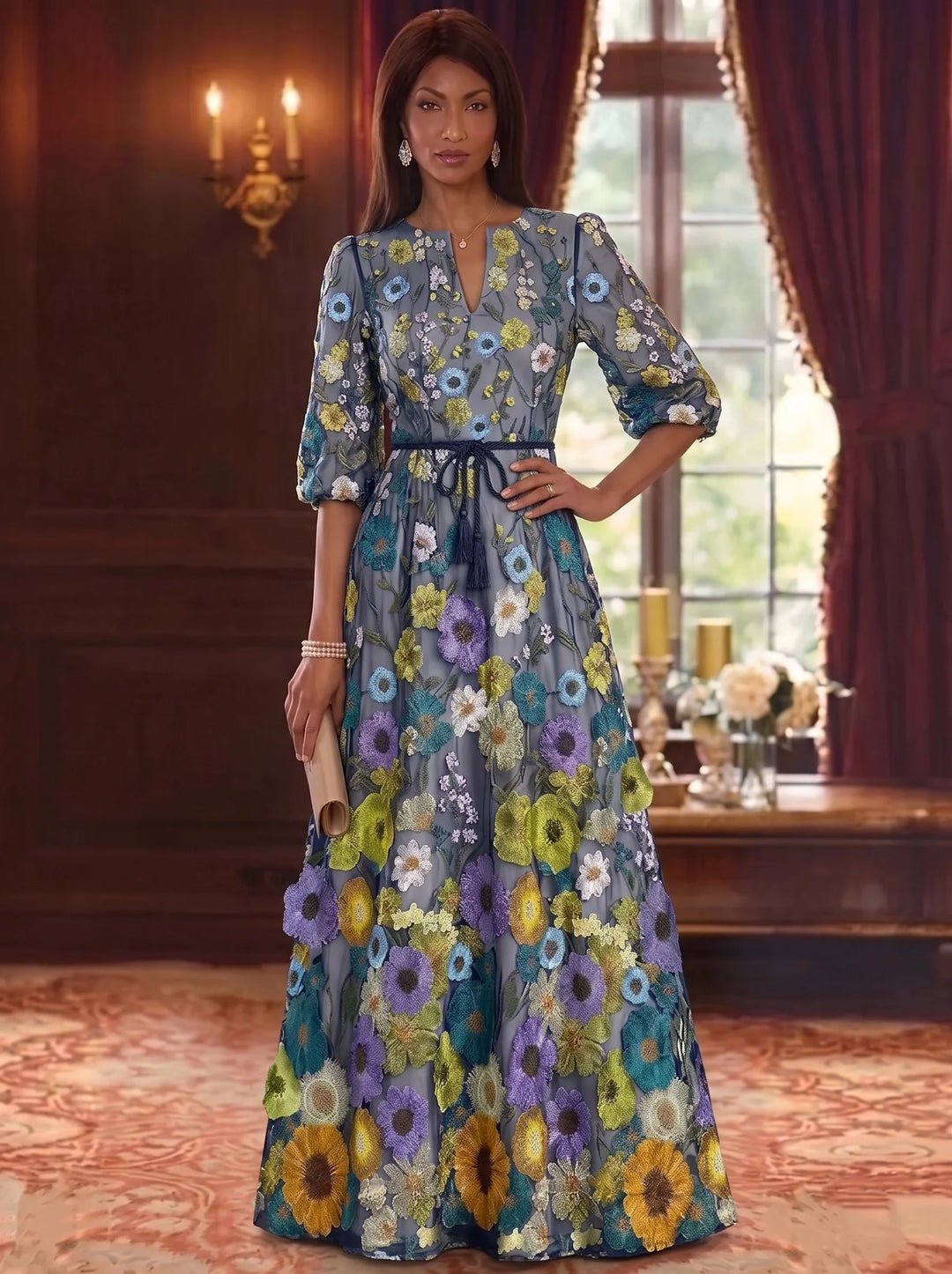 A-Line/Princess Scoop Lace Mother of the Bride Dresses 3/4 Sleeves Floor-Length With Embroidered Floral