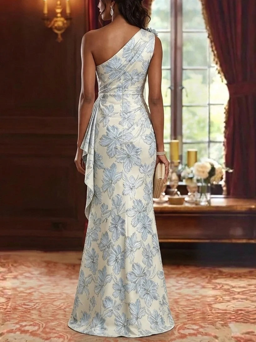 Sheath/Column One-Shoulder Jacquard Mother of the Bride Dresses Floor-Length 3D Flowers Sleeveless With Ruffles