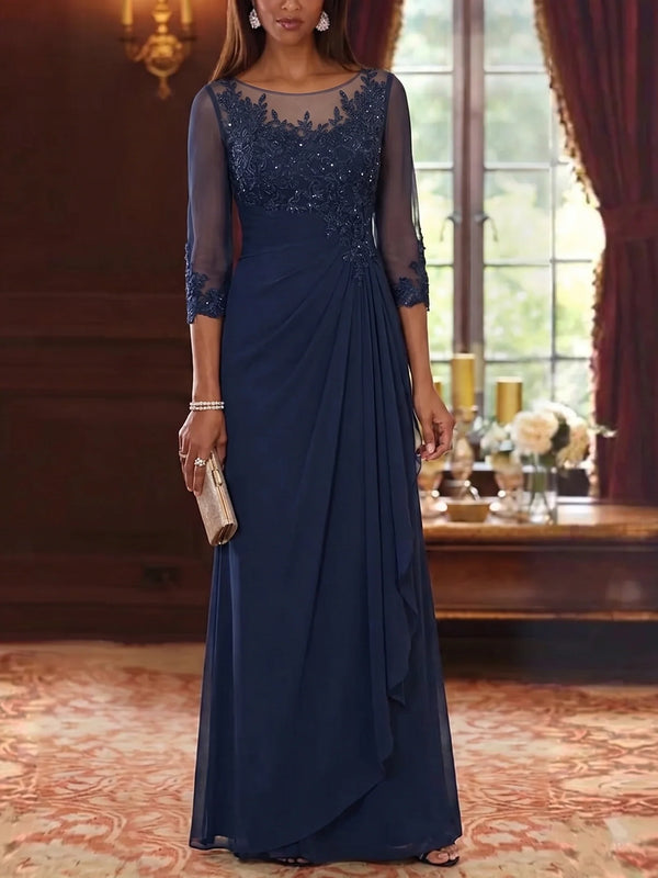 A-Line/Princess Scoop Chiffon Mother of the Bride Dresses 3/4 Sleeves Floor-Length Lace Sequins Floral