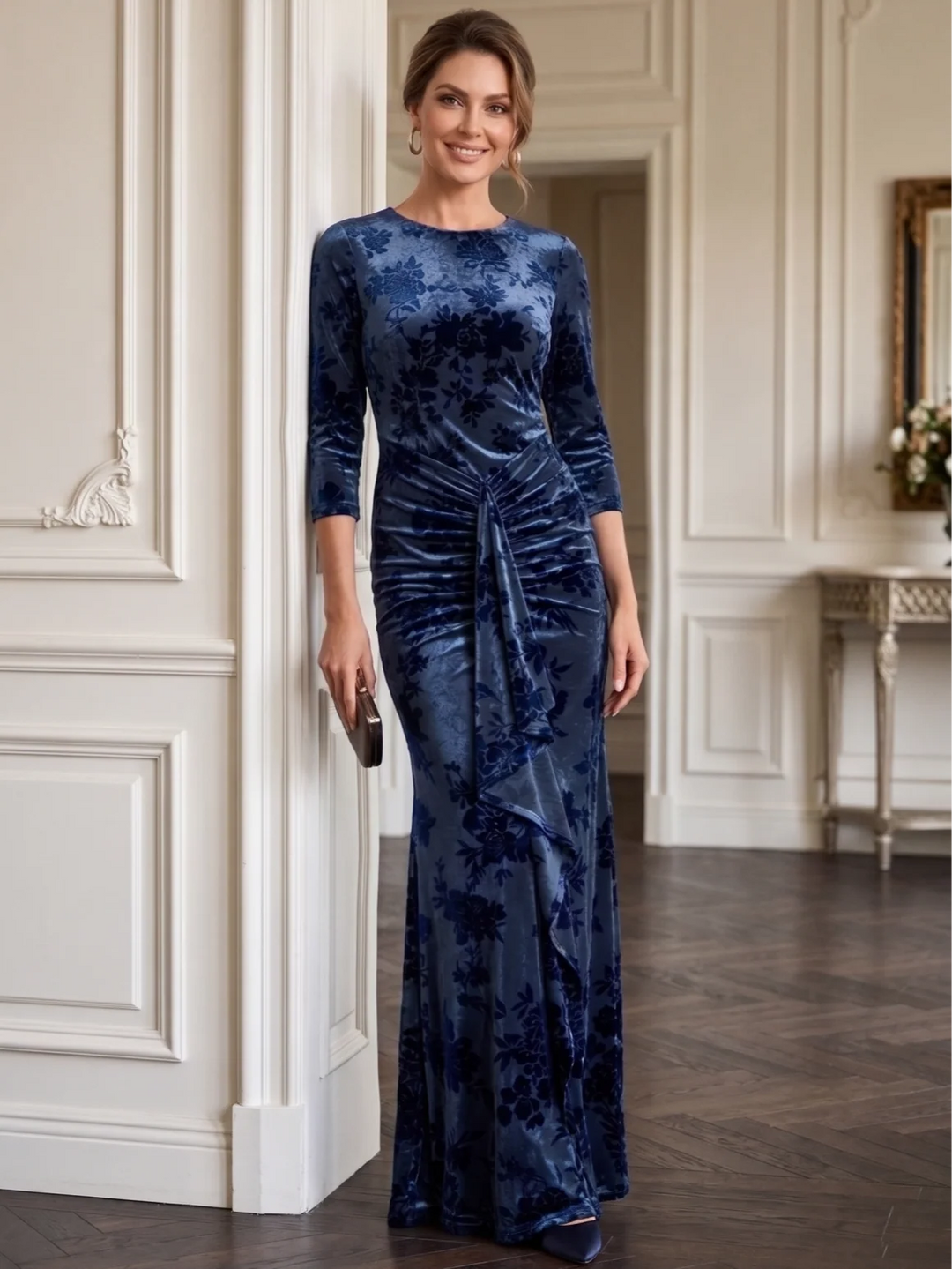 Sheath/Column Scoop Velvet Mother of The Bride Dresses Floral Ruched 3/4 Sleeves Floor-Length