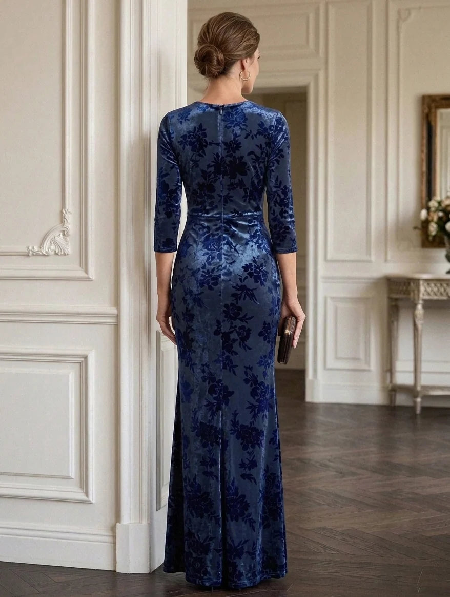 Sheath/Column Scoop Velvet Mother of The Bride Dresses Floral Ruched 3/4 Sleeves Floor-Length