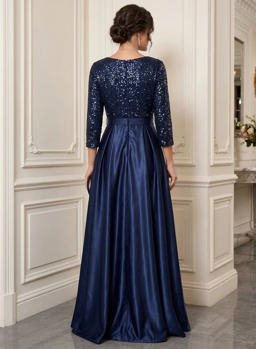 A-Line/Princess V-Neck Satin Mother of the Bride Dresses Sequins Floor-Length 3/4 Sleeves Belt