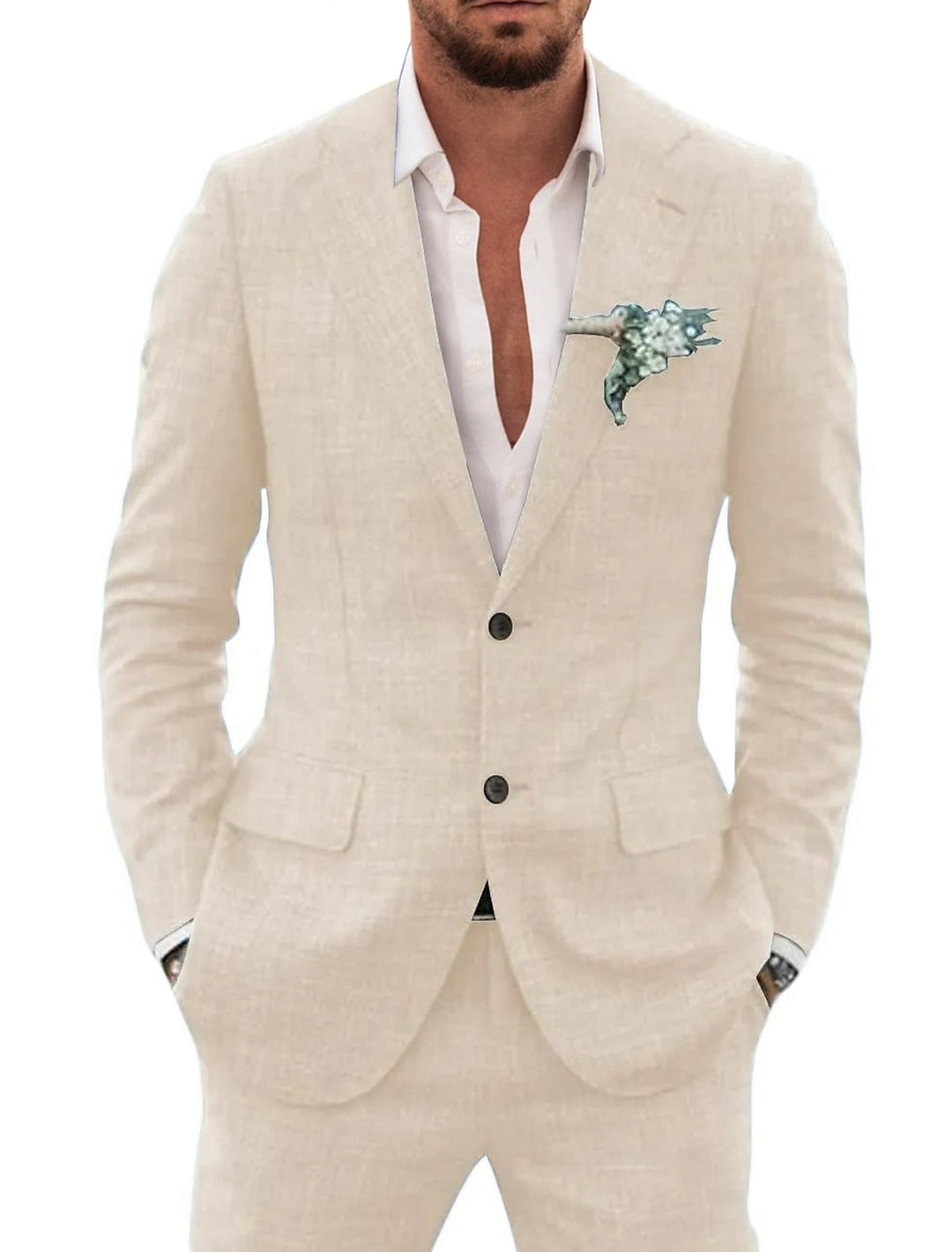 Men's Tailored Fit Single Breasted Two-buttons 2 Pieces Solid Coloured Linen Suits