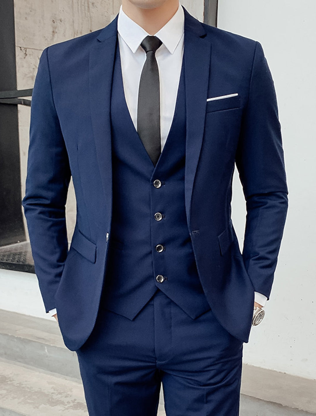 Men's Tailored Fit Single Breasted Two-buttons 3 Pieces Solid Coloured Wedding Suits