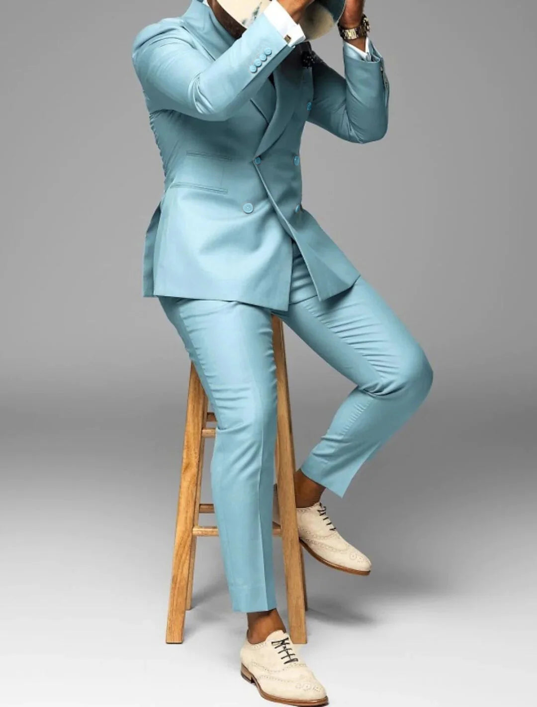 Sky Blue Men's Tailored Fit Double Breasted Six-buttons 2 Pieces Solid Coloured Wedding Suits