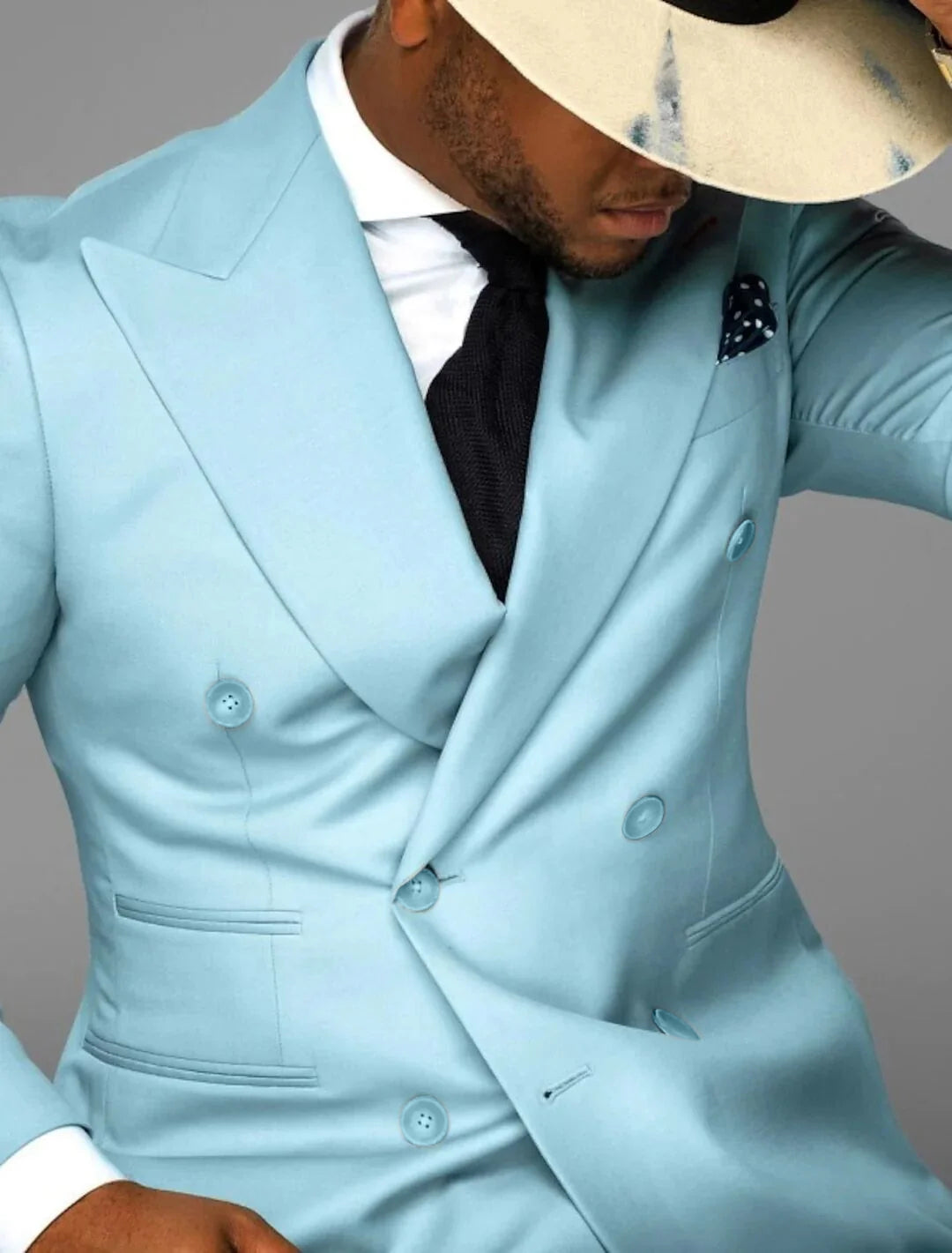 Sky Blue Men's Tailored Fit Double Breasted Six-buttons 2 Pieces Solid Coloured Wedding Suits