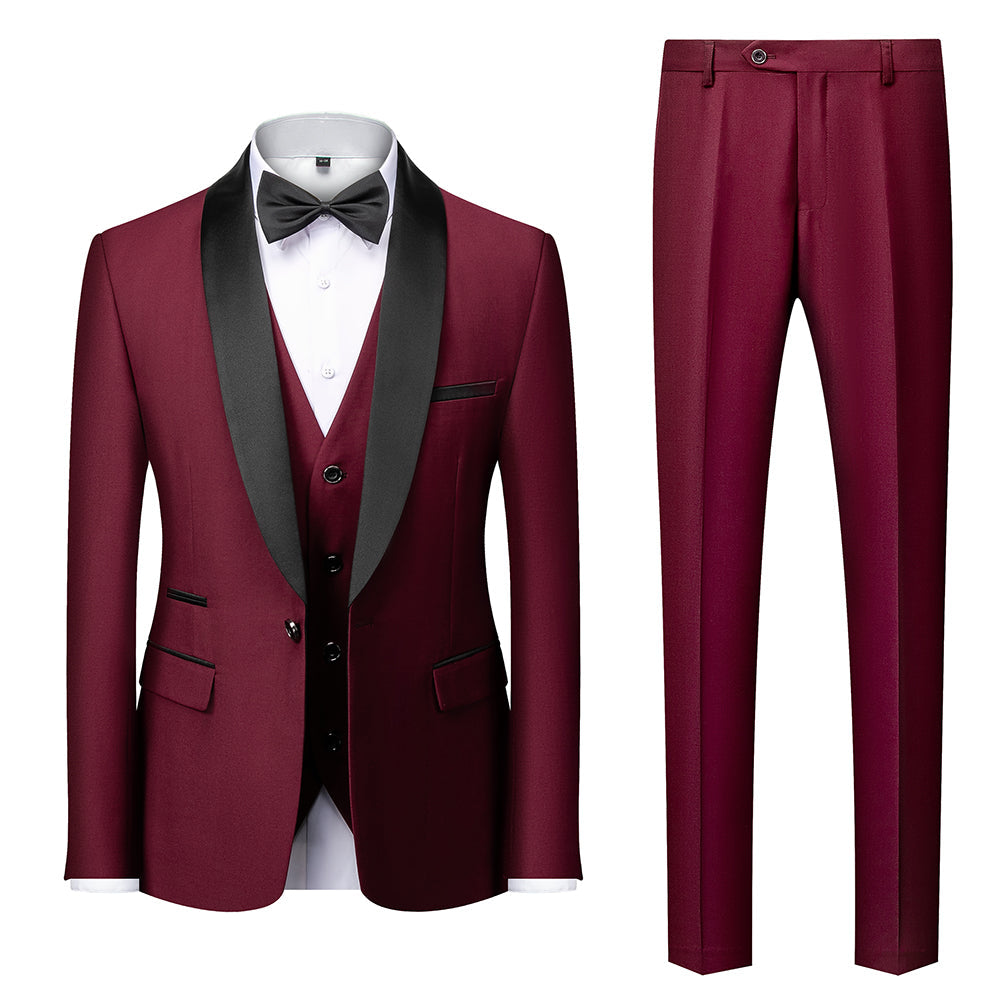 Blue Burgundy Grey Red Black Men's Tailored Fit Single Breasted One-button 3 Pieces Solid Coloured Wedding Suits