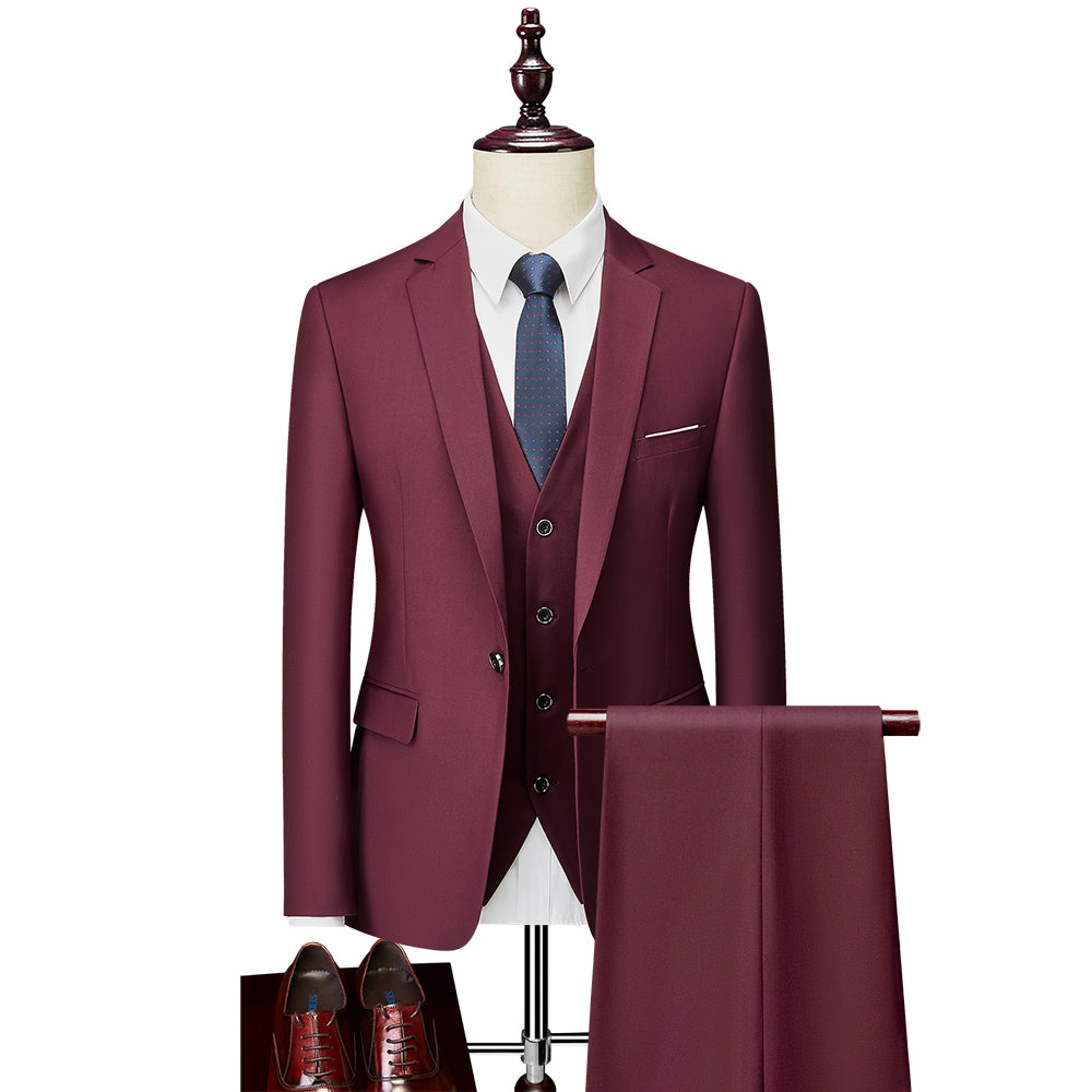 Burgundy White Ivory Grey Blue Men's Tailored Fit Single Breasted One-button 3 Pieces Solid Coloured Wedding Suits