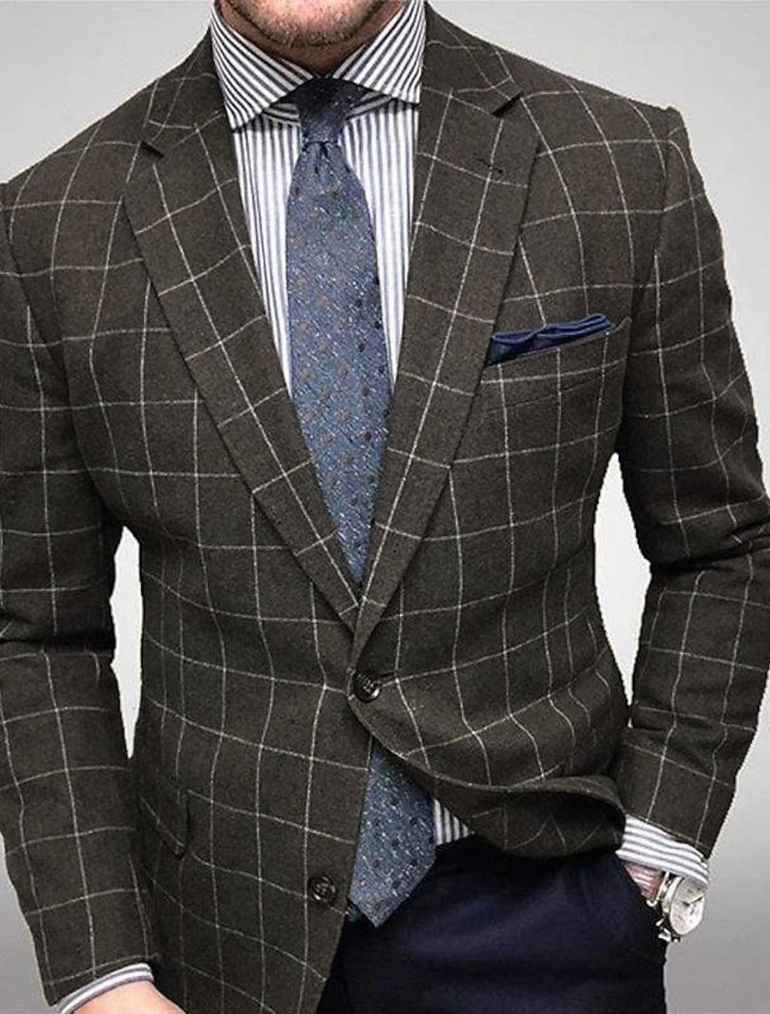 Grey Men's Tailored Fit Single Breasted Two-buttons Plaid Casual Jacket