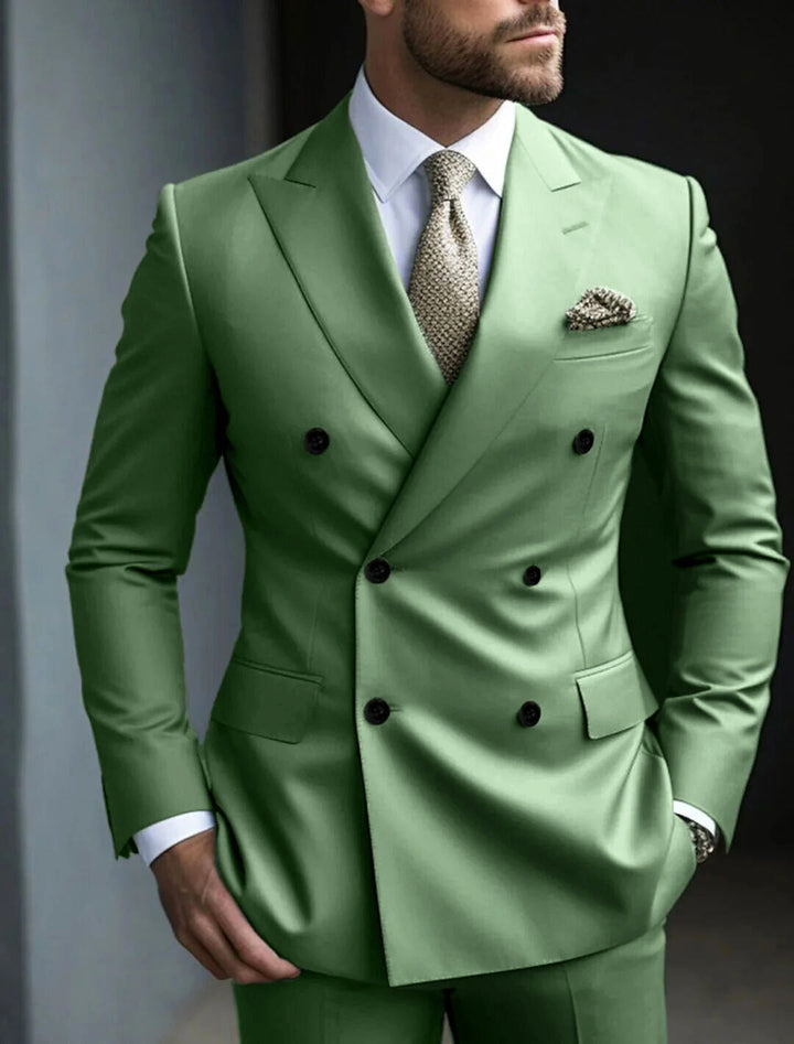Green Men's Tailored Fit 2 Pieces Solid Coloured Double Breasted Six-buttons Party Suits