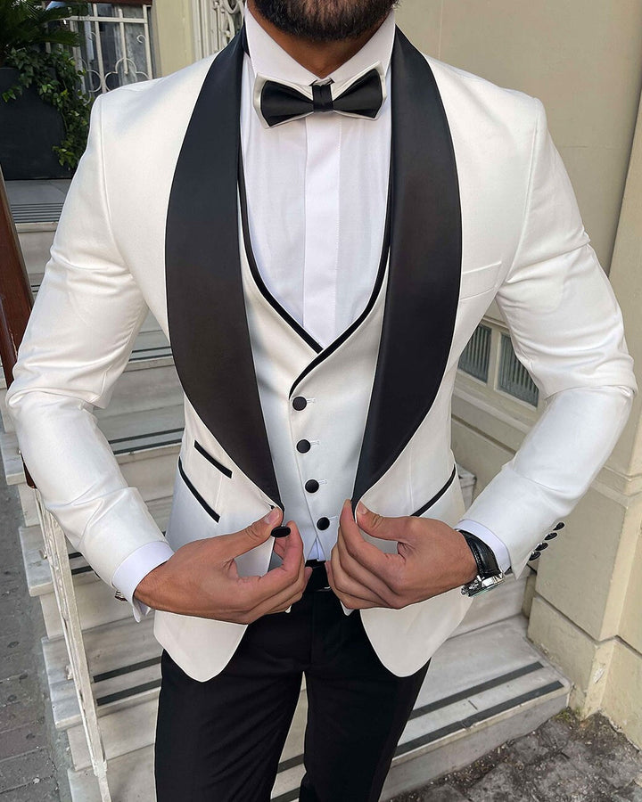 White Champagne Gray Men's Tailored Fit 3 Pieces Solid Colored Single Breasted One-button Party Suits