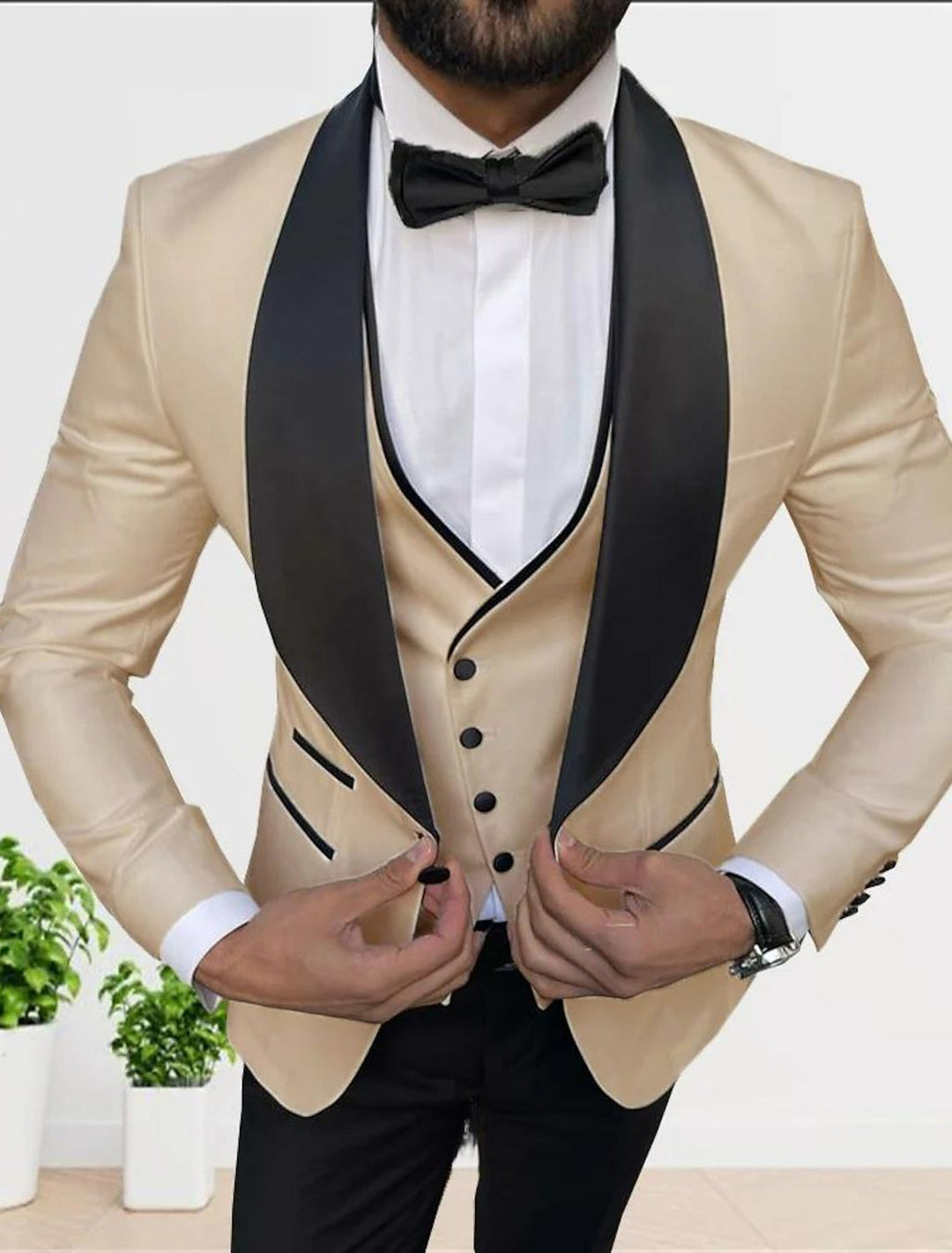 White Champagne Grey Men's Tailored Fit 3 Pieces Solid Coloured Single Breasted One-button Party Suits