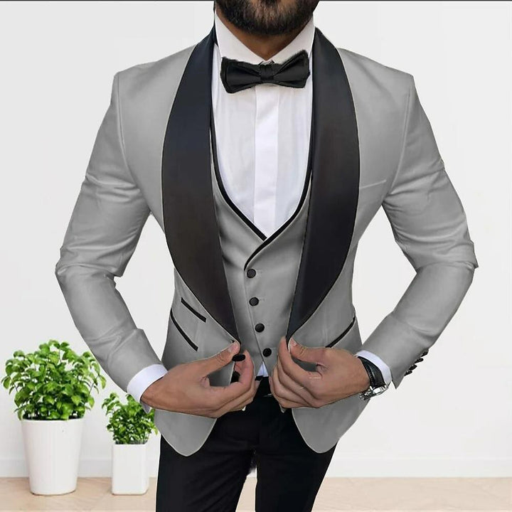 White Champagne Gray Men's Tailored Fit 3 Pieces Solid Colored Single Breasted One-button Party Suits